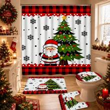 1/4pcs Winter Santa Claus Christmas Tree Pattern Shower Curtain Set, With 12 Hooks Waterproof Polyester Bath Curtain, Bathroom Curtain, Privacy, Thickened, Durable Quick Dry, 180*180cm Size, Christmas Bathroom Decor - A - View 3