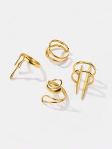 Kryxie 4pcs/Set Stainless Steel Minimalist 18K Gold Plated Geometric Line Design Open Rings, Suitable For Daily Wear For Women - Yellow Gold - View 2