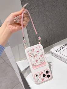 1pc Fashionable Personalized Full Screen Pink Floral & Green Leaf Pattern, Fashion Card Holder Lanyard TPU Material Shockproof Protective Phone Case, Suitable As Holiday Gift Compatible With Apple 11/12/13/14/14plus/15/15plus/16/16plus/17/17pro/18pro/18pm And Other Models Protective Cover - Multicolor - View 2