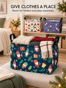 Christmas Square Storage Basket, Printed With Santa Claus, Gnomes, Snowflakes And Trees, Reinforced Handle And Open Design, Multi-Purpose Toy, Blanket, Book And Gift Storage Bin, Suitable For Bedroom, Living Room, Holiday Party And Winter Decor - Multicolor - View 6