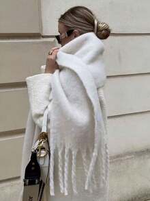 1PC Women's Autumn/Winter Solid Color Versatile College Style Elegant Thick Fringe Warm Scarf, Suitable For Cold Weather And Shopping Outfits - White - View 3