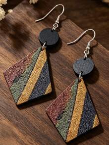 1 Pasang Anting Kayu Belah Ketupat Bergaris Vintage, Perhiasan Telinga Patchwork Bulat Geometris Bohemian - MultiWarna - View 3