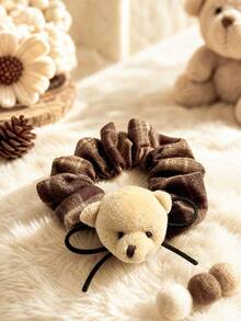 1pc Dual-Color Plaid Bear Hair Scrunchie, Versatile Large Hair Tie Suitable For Daily Wear - Multicolor - View 5