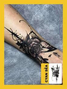 1pc Temporary Tattoo Sticker, Black Grey Rose & Butterfly Pattern, Realistic Fake Tattoo Design For Daily Wear, Bachelorette Party Favors, Music Festival, Cosplay, Graduation Gift, Lasts 3-5 Days - Black - View 2