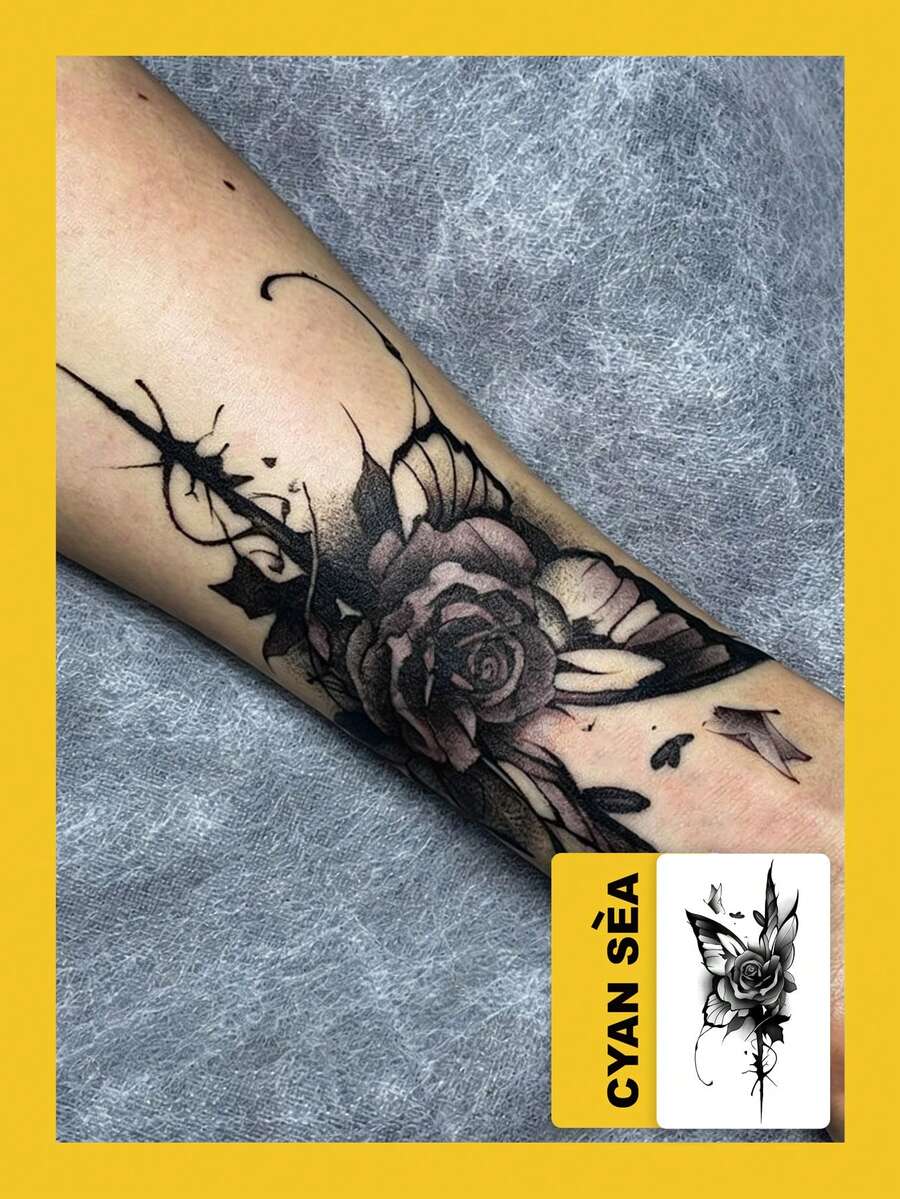 1pc Temporary Tattoo Sticker, Black Grey Rose & Butterfly Pattern, Realistic Fake Tattoo Design For Daily Wear, Bachelorette Party Favors, Music Festival, Cosplay, Graduation Gift, Lasts 3-5 Days