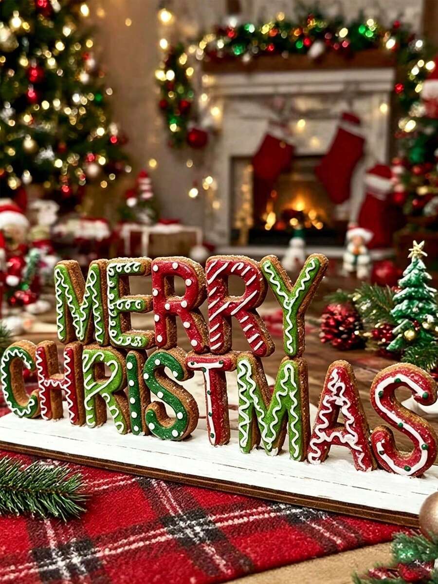 "Merry Christmas" Gingerbread Texture Decorative Sign, Classic Red & Green Christmas Color Scheme With Sweet White Frosting, Suitable For Christmas Home Decor, Tabletop Display Or Scene Arrangement, Conveying Holiday Joy And Blessings - one-size - View 1