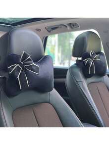 Black And White Contrast Bow Car Headrest Pillow, Plush Neck Support Cushion, Car Seat Headrest Pillow, Women's Comfortable Interior Decor - Bow - View 9