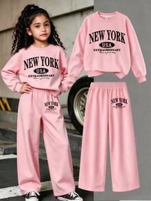 Girls And Teens Pink Crew Neck Sweatshirt With Creative Letter Combination Print Paired With Pink Wide Leg Pants, Fashionable And Versatile, Minimalist Yet Stylish Design Makes It An Ideal Choice For Casual Everyday Wear, Especially Suitable For Autumn And Winter - Pink - View 1