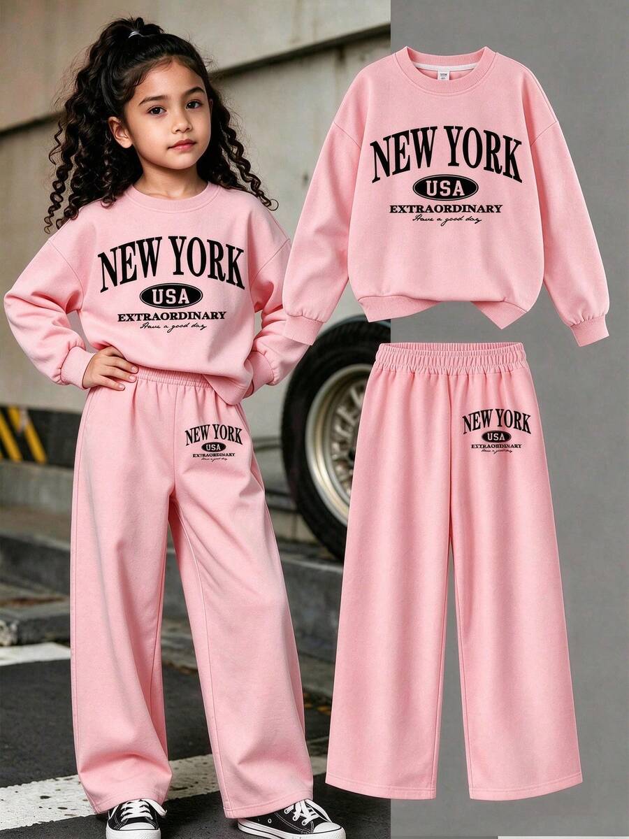 Girls And Teens Pink Crew Neck Sweatshirt With Creative Letter Combination Print Paired With Pink Wide Leg Pants, Fashionable And Versatile, Minimalist Yet Stylish Design Makes It An Ideal Choice For Casual Everyday Wear, Especially Suitable For Autumn And Winter - Pink - View 1
