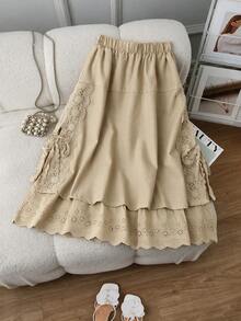 Women's Spring/Summer New Linen Fabric Embroidered Hem Long Dress, Casual Versatile Elastic Waist Lace Patchwork Skirt - Khaki - View 4