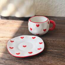 Cute Hand-Painted Ceramic Mug And Saucer Set, Coffee Cup, Home/Office Tea Cup, Suitable For Juice, Milk, Coffee - Birthday And Holiday Gift, Gift For Family, Gift For Him, Ceramic Coffee Cup Set - Red - View 11