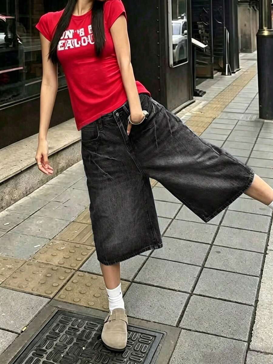 Teen Girl Loose Fit Pocketed Wide Leg Cropped Denim Shorts - Black - View 1