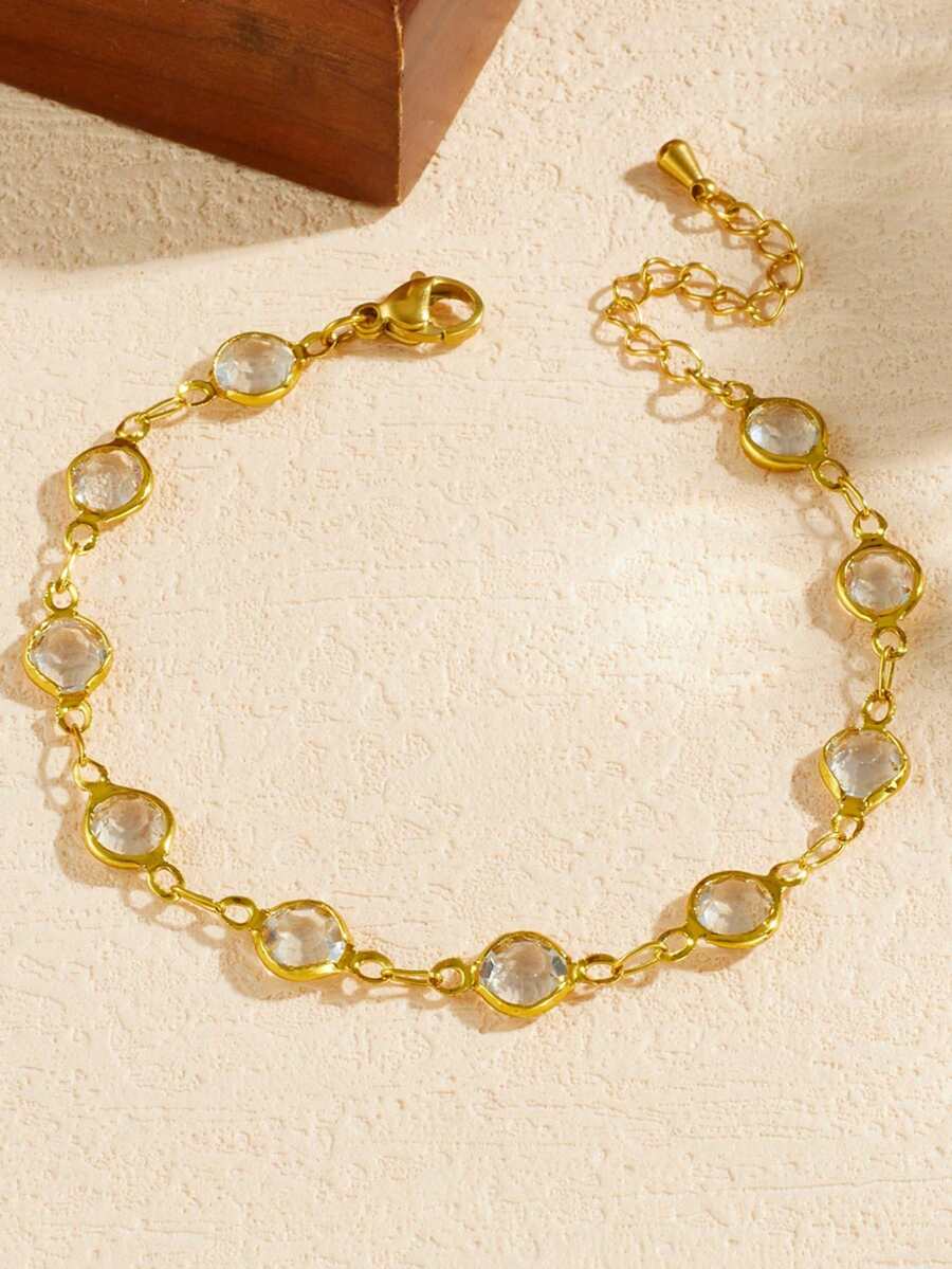 1PC 18K Gold Plated Stainless Steel Bracelet For Women, Bezel‑Set Clear ...