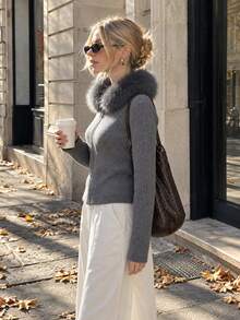 Áo cardigan len gân nữ có khóa kéo, cổ tròn lông giả, tay dài, dáng vừa, áo top cho trang phục mùa đông & mùa thu - Xám - Xem 3