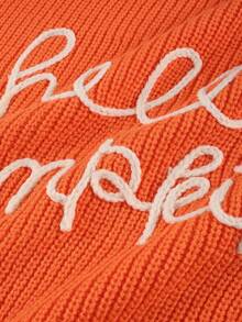Plus Size Women Fall Winter Crew Neck Sweater, Long Sleeve "Hello Pumpkin" Letter Print Knit Jumper, Casual Top For Commute, Date & Daily Outing - Orange - View 7
