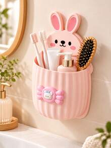 New Rabbit-Shaped Makeup Brush Holder (With Heart/Candy Decoration) - Wall-Mounted Design, Suitable For Vanity And Bathroom; Can Store Makeup Brushes, Toothbrushes, Combs, Lipstick Tubes And Other Items, Multi-Functional. - Multicolor - View 4