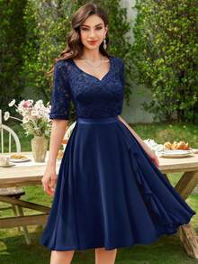 MIUSOL Sweetheart Neckline Floral Lace Ruffle Semi-Formal Party Dress, Homecoming Dance Dress, Suitable For Birthday, Wedding Guest, Dinner Elegant - Navy Blue - View 2