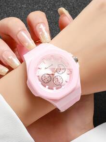Women's Fashion Octagonal Quartz Watch, Silicone Strap Three-Dial Quartz Wristwatch, Gift For Girlfriend (1pc/Set) Watch Box Not Included - Pink - View 2