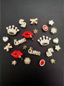 22pcs Rhinestone Crown Lipstick Shoe Flower, DIY Detachable Shoe Decoration ABS Star Shoe Accessory Suitable For Wooden Clogs Women Sandals Slippers Beach Shoes, Holiday Gift - Gold - View 7