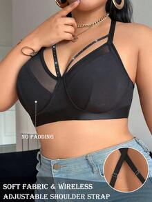 Plus Size Women Solid Color Fashion Bra, Suitable For Summer - Black - View 3