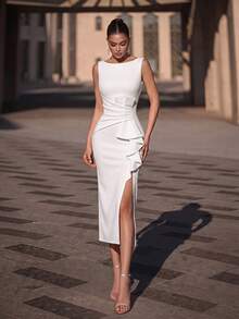 ADYCE Elegant Boat Neck Waisted Backless Bodycon High-Slit Maxi Party Dress Birthday Party Ball Prom Gown Homecoming Wedding Guest Formal Dinner Christmas - White - View 7