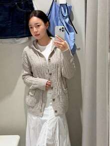 Comfortable Women's Soft Knit Hooded Cardigan, Long Sleeve Regular Hem With Buttons For Everyday Wear In Fall And Winter - Grey - View 5