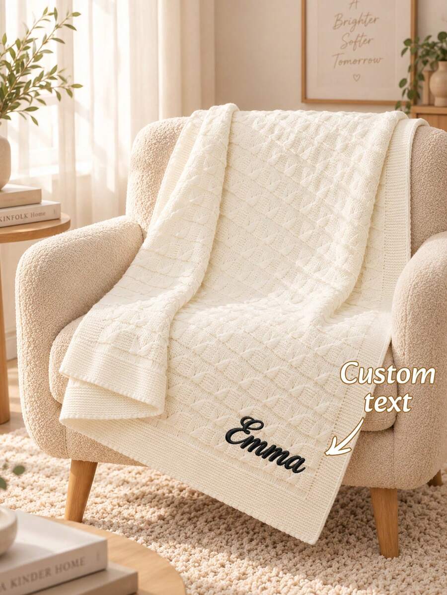 1pc Custom Embroidered Knit Throw Blanket, Personalized Name & Custom Text Design, Solid Color Semi-Circular Floral Knit Pattern, 4 Color Options, Ideal Holiday Gift For Family Members, Bedroom & Sofa Home Decor