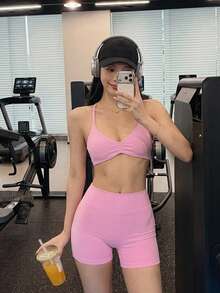 2pcs/Set Women's Seamless Spaghetti Strap Yoga Bra + High Waist Ruched Sports Shorts Fitness Set Yoga Workout Outfit Pink - Pink - View 2