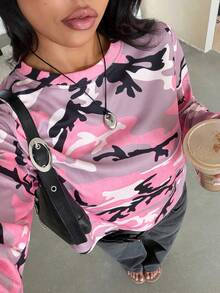 Y2K Pink Camo Waffle Knit Crew Neck Long Sleeve T-Shirt Women Loose Fit Cropped Top - Multicolor - View 5