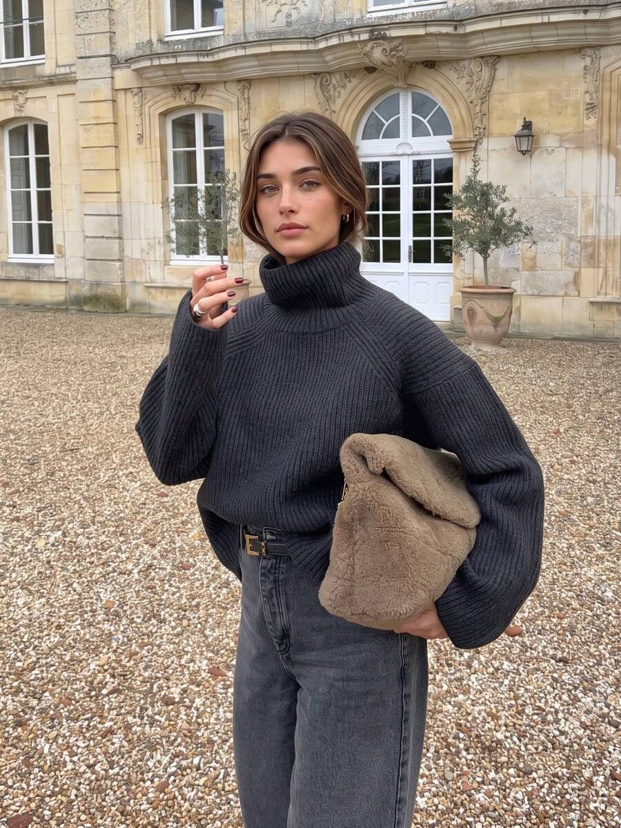 Senya 2026 Women's Ribbed Turtleneck Knit Sweater, Dark Gray Loose Pullover, Soft Oversized Long Sleeve Comfortable Fashionable Autumn/Winter Top - Dark Grey - View 1
