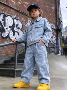 Boys' Toddler Autumn Denim Jacket & Long Pants 2 Pieces Set, Suitable For Daily, School, Outdoor, Casual Wear - Baby Blue - View 4