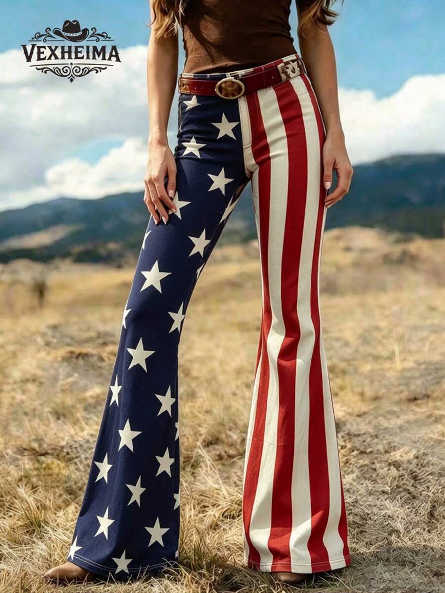 VEXHEIMA Western Style Women's Fashion National Flag-Inspired, Versatile, Color-Blocked Geometric Pattern, Multicolored Stripes Everyday Women's Pants