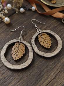 1 Pair Hollow Wooden Ring Leaf Earrings, Vintage Wooden Leaf Earrings - Brown - View 5