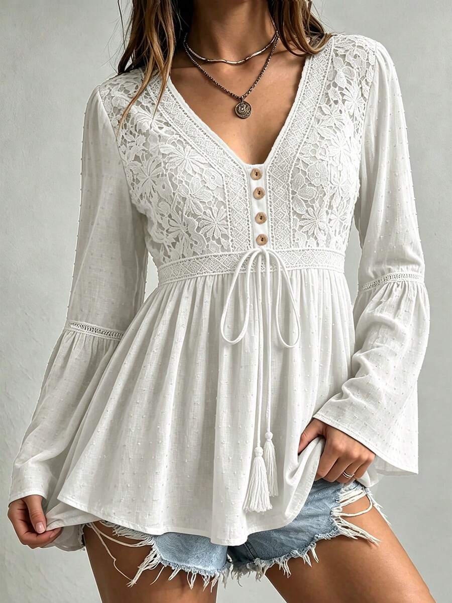 Rusttydustty Women's Bohemian Lace Patchwork Flare Sleeve Waist Tie White Top, Suitable For Autumn, Halloween - White - View 1
