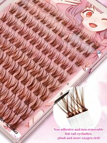 Waloshow 144 Clusters Natural Brown False Eyelash Clusters, Natural Makeup Look, Thin Anime Style, Single Cluster Cartoon Lashes With Spikes, Brown Spikes, C Curl, 8-16mm - D - View 5