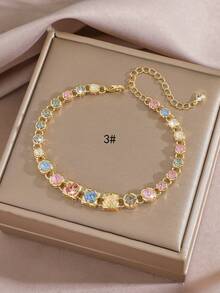 1pc Gorgeous Sparkling Round Square Geometric Colorful Cubic Zirconia Tennis Bracelet, Handmade Original Design Exquisite Bracelet, Suitable For Engagement Party, Daily Wear, Holiday Gift For Friends - Colorful Glitter Bracelet - View 4
