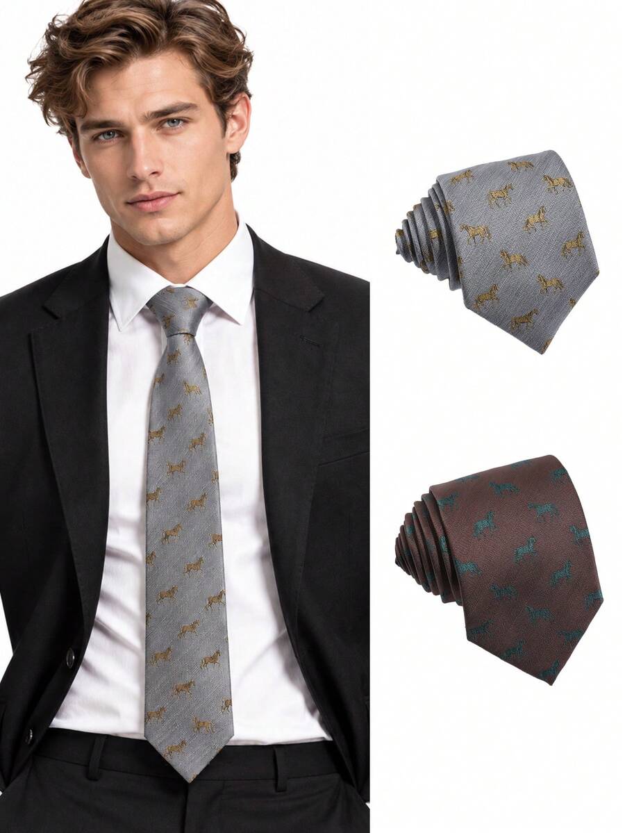 1pc Vintage Horse Jacquard Striped Textured Tie, Men's Business Formal Shirt Accessory, British Style Decorative Necktie - Multicolor - View 1