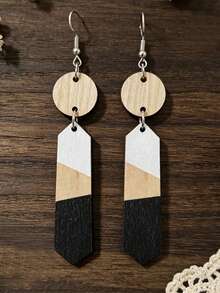 1 Pasang Anting Kayu Geometris Warna Kontras, Anting Minimalis Vintage Bentuk Cakram Bulat & Belah Ketupat - MultiWarna - View 3