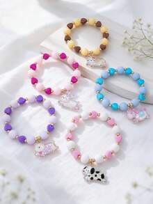 5Pcs Girls Elastic Bead Bracelet, Sweet Resin Shiny Rabbit Bear Cat Dog Glitter Pendant Bracelet, Children Cute Costume Jewelry Accessory - Multicolor - View 3