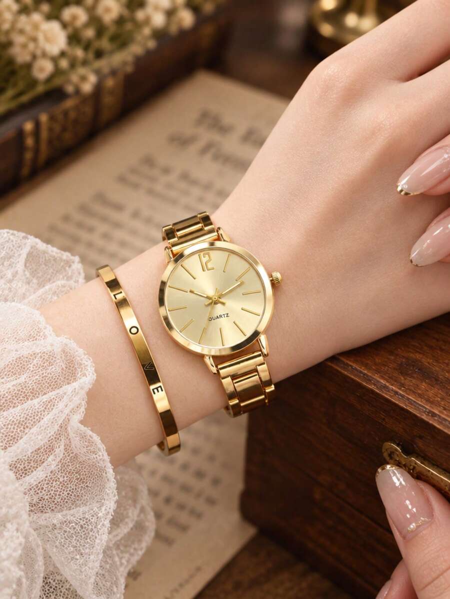 Jam Tangan Wanita Mewah dengan Skala Digital dan Tali Baja, Dapat Diberikan Sebagai Hadiah untuk Teman, Cocok untuk Pemakaian Sehari-hari dan Dekorasi. - Emas - View 1