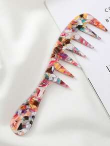 1pc Fashion Minimalist Acrylic Marble Leopard Print Wide Tooth Long Handle Anti-Static Lightweight Portable Hair Comb, Hair Accessory - Multicolor - View 9