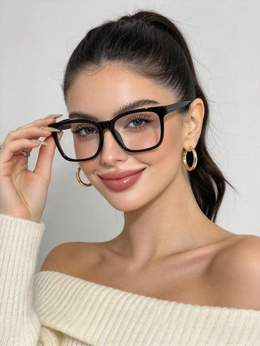1pc Women's Oval Casual Street Style Fashion Transparent Lens Glasses - A - View 1
