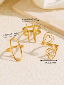 3pcs Stainless Steel Gold-Tone Luxury Fashion Minimalist Casual Geometric Heart Oval Line Ring Set, Suitable For Women's Daily, Holiday, Shopping Wear - Multicolor - View 5