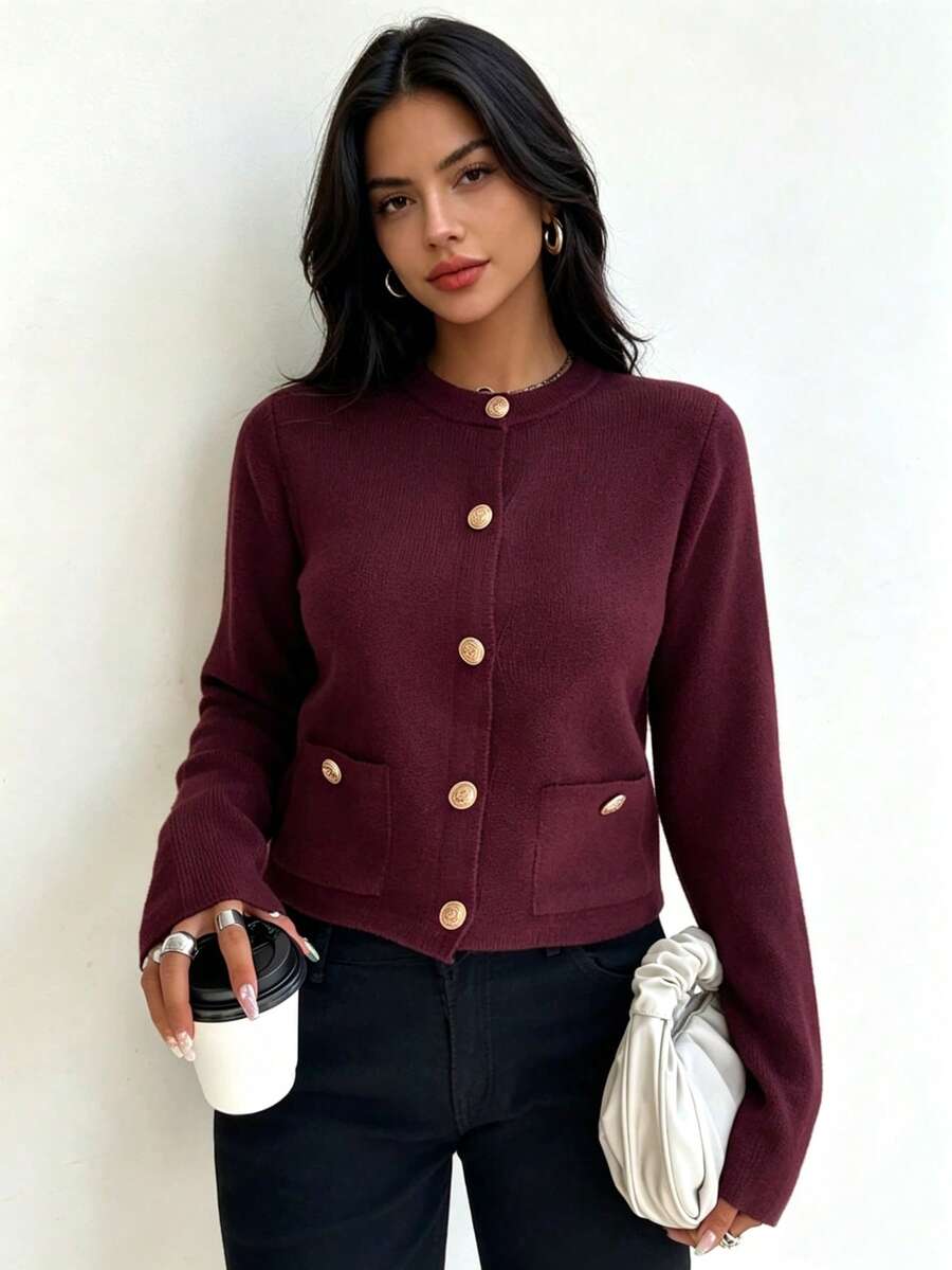 DEEKA Spring & Autumn New Casual Fashion Minimalist Gold Button Knitted Cardigan Sweater - Burgundy - View 1