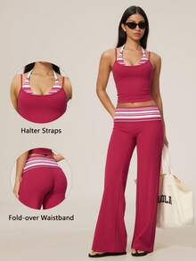 TimeOff Women's One Set Striped 2 In 1 V-Neck Halter Tank Top With Folded Waist Wide Leg Pants Running Sports Outfit - Red Violet - View 1