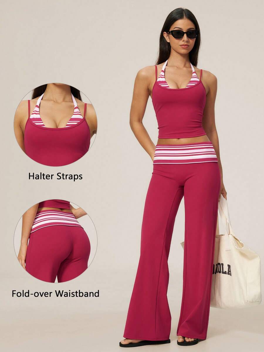 TimeOff Women's One Set Striped 2 In 1 V-Neck Halter Tank Top With Folded Waist Wide Leg Pants Running Sports Outfit - Red Violet - View 1
