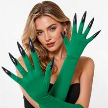 Halloween Witch Green & Black Long Nail Gloves, Performance Witch Costume Claw Gloves - Multicolor - View 4