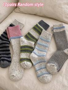 1/5/10 Pairs Pack Socks, Thickened Warm Mid-Calf Socks, Dotted Yarn Thick Thread Color Block Women's Socks, Ins Autumn & Winter Color Contrast Warm Socks - Multicolor - View 10