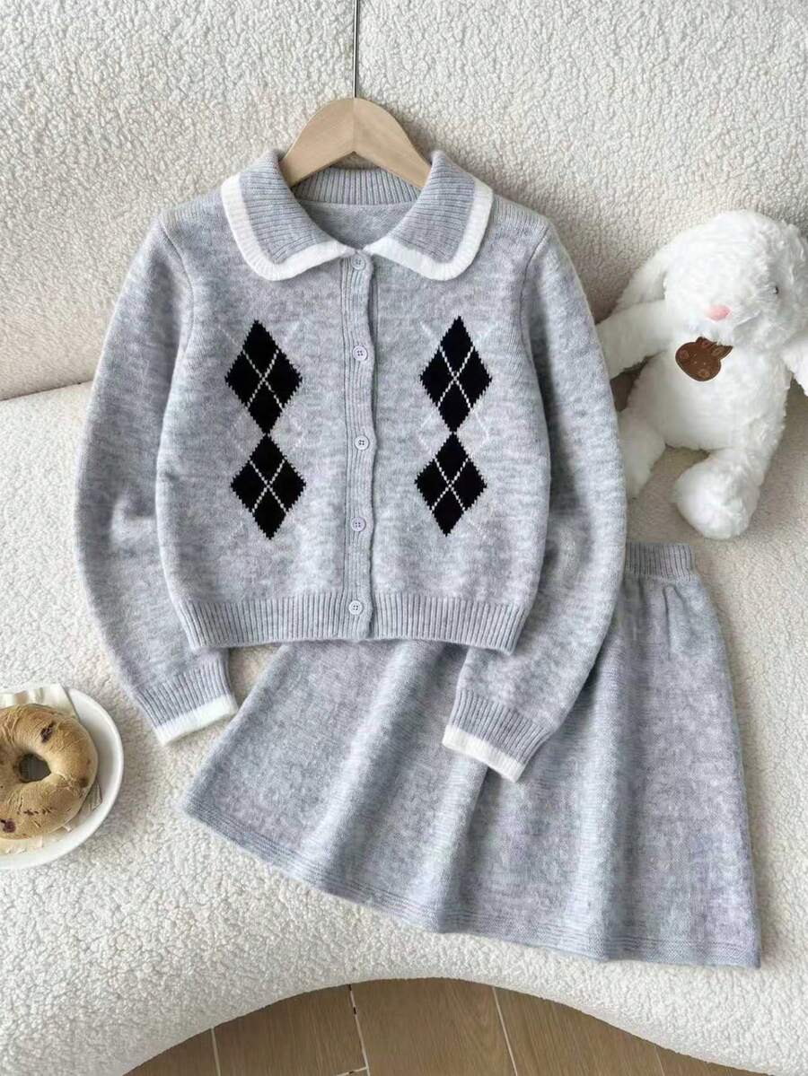 Tween Girls Preppy Style Argyle Print Contrast Color Peter Pan Collar Button-Front Knit Cardigan & A-Line Knit Mini Skirt 2 Pieces, Soft Long Sleeve Knit Wear For Back To School Autumn Casual Wear - Grey - View 1