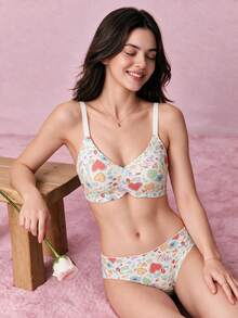 Women's Cartoon Wireless Bra Set, Cute Heart Print, V-Shaped Hem, 3-Row Hook & Eye Closure, Removable Padding, Soft Lingerie Set, Casual Underwear - Multicolor - View 6